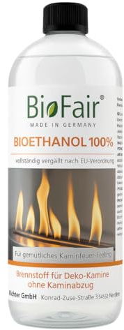 BioFair Bioethanol 100%, 1L Flasche Für Ethanolkamin, Bioethanolkamin | Für Gartenfackel, Innen & Außen, Geruchs- & Rußfrei, Hochreines Bio Ethanol