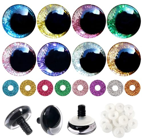 TOAOB 16 Stück Sicherheitsaugen für Häkeltiere 30 mm Glitzer Bunt | 8 Farben Kunststoff Augen, Sicherheitsaugen mit Unterlegscheiben für DIY Basteln, Marionette Puppenherstellung Tieraugen