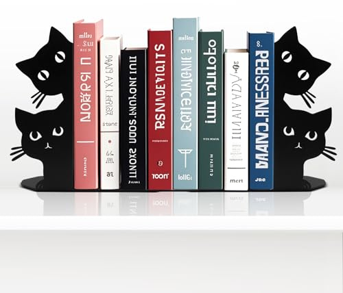 Peeping Cat Bookends for Shelves Decorative, Metal Book Ends for Heavy Books Book Stopper for Office Home Cute Desk Bookshelf Decor Cat Lover Gifts for Women (Black)