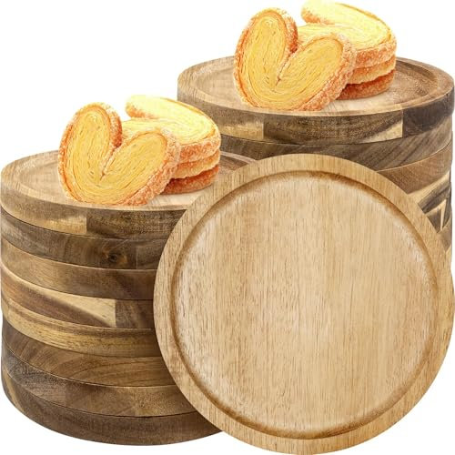 Acacia Wood Dinner Plates Set of 16, Small Wooden Serving Dish Bulk, Lightweight Round Platter Tray for Dessert Snack Food Cake Bread Housewarming Gift