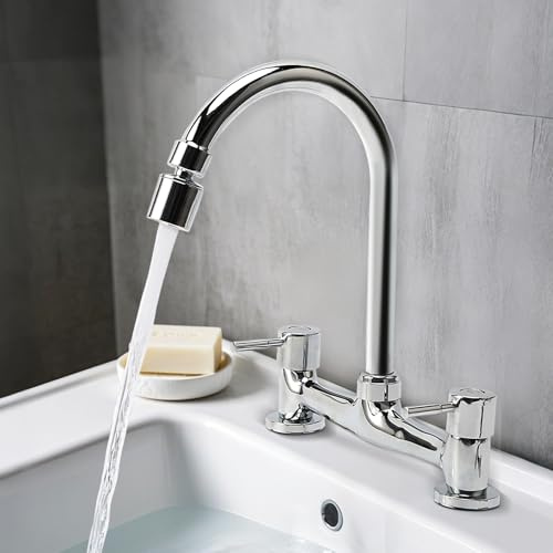 Kitchen Mixer Tap 2 Hole Cold Hot Water Faucet with 2 Function Aerator and Swivel Spout Sink Mixer 360 Swivel Deck Mounted Kitchen Faucet Spout Basins Taps for Bathroom