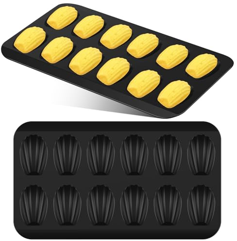 GWCYMYD 2 Pcs Madeleine Pans, 12 Cup Carbon Steel Madeleine Mold Cake Pan with Non-Stick Coating, Baking Moulds for Cakes Chocolate, Candy, Cookies (Black)