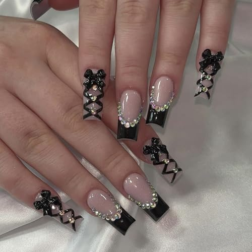 24 Stück Schwarz French Press on Nails Lang, 3D Handgefertigte Kunstnägel Künstliche Nägel mit Schleifen Strass Design, Acryl Fingernägel zum Aufkleben, Natürliche Falsche Nägel für Frauen Mädchen