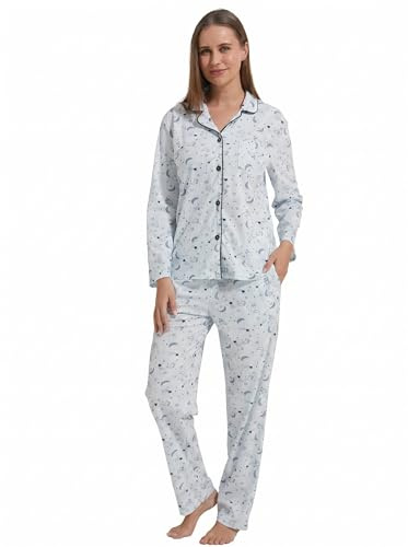 YUSHOW Conjunto de pijama de manga larga con botones para mujer, pantalones de pijama con bolsillos, ropa de dormir suave, ropa de dormir estampada, 2 piezas