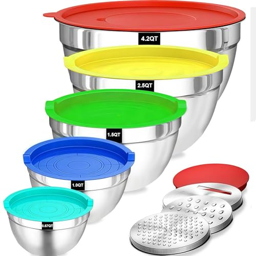 Druuzyl Set med 5 blandningsskålar i rostfritt stål med lock - 4,5 L/2,7L/1,6L/1,1L/0,7 l - innehåller 3 sliptillbehör, kan kopplas ihop och tvättas i diskmaskin