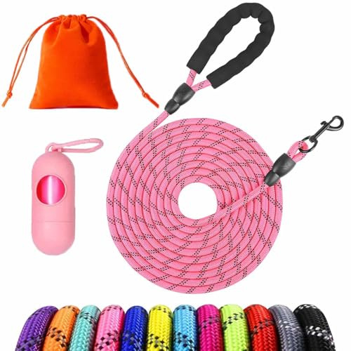 Training Lead for Dogs, 1.5M 3M 5M 10M 15M 20M 25M 30M Long Rope Dog Leash with Carabiner Clip and Soft Padded Handle, Reflective Recall Durable Leash for Puppy, Small, Medium,Large Dog (Pink, 1.5M)