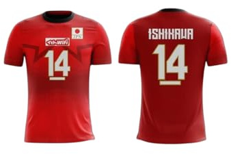 Japanisches Volleyball-Trikot, Ishikawa Nr. 14, genähte Logo-Flagge, Rot und Schwarz