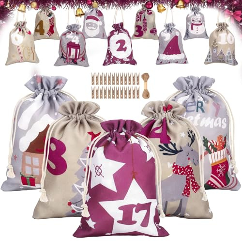 Adventskalender Zum Befüllen, 24 Stück Weihnachtskalender Stoffbeutel Adventskalender Tüten Selber Befüllen, 2025 Adventskalender Säckchen für Kinder,Säckchen Geschenktüten Weihnachten