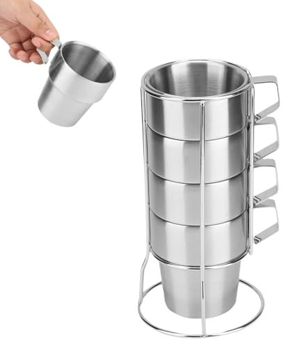 Kukyller 4pcs tazas de café apilables con soporte, taza de café de acero inoxidable ahorrar espacio de ahorro de espresso colocado con mango para té leche con leche