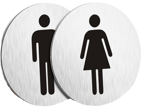2 cartelli per WC in acciaio inox per uomo e donna, 100 mm x 100 mm, rotondi autoadesivi per porta