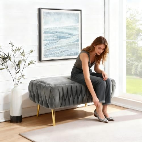 OVLRIJP Sitzbank mit Stauraum, Aufbewahrungsbank, Samt Bettbank mit Metallbeinen, Polsterbank Hockerbank für Wohnzimmer, Schlafzimmer, Flur, bis 300 kg Belastbar, 105 x 20 x 44cm (Grau)