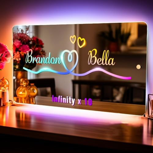 VEELU Personalisierte LED Name Spiegel Licht, Led Wandspiegel Personalisiert Name Nachtlicht mit Fernbedienung, Leuchtschild Neon Sign für Schlafzimmer, Geschenk für Weihnachten (Liebe)