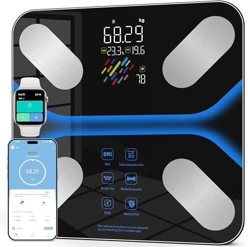 Körperfettwaage Personenwaage Digital mit Großem Display, 22 Körperanalysewerte, 4 Elektroden, Bluetooth App, BMI & Muskelanalyse, 6 Modi mit automatischer Nutzererkennung, 180kg/400lbs, 24 Benutzer