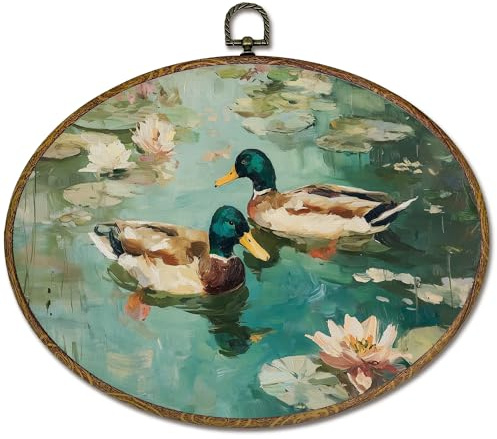 LKETW Vintage Mallard Duck Oval Wall Art Decor, Rustic Farmhouse Duck Oval Canvas Hanging Decor, Country Lakeside Floral Farm Animal Wall Decorations for Home Bedroom Living Room, 8.6x11.4 Inch