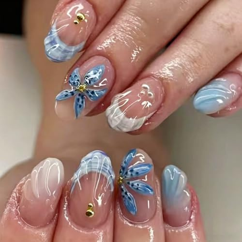 24 Stück Französische Künstliche Nägel Zum Aufkleben Oval, Glossy Blau Weiß Falsche Nägel Mit 3D-Effect Blumen Und Perlen, Full Cover Fake Nails für Frauen Maniküre(Blau Flower)