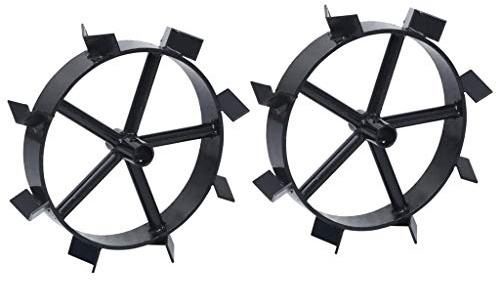 Mangloder metallhjul för 6,5 hk bensin trädgårdfräs, 2 stycken svarta stålhjul med grepptänder, 34 cm i diameter för stabil styrning vid grävning, upplåsning och arbete på våt mark