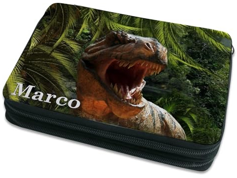 CreaDesign Kinder Federmäppchen mit (Wunsch) Namen, einzigartige Federtasche durch Personalisierung, Schulmäppchen - Motiv T-Rex