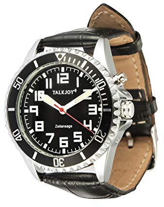 TalkJoy Profi Black Herren Sprechende Armbanduhr Leder Uhr Blindenuhr schwarzes Ziffernblatt Seniorenuhr