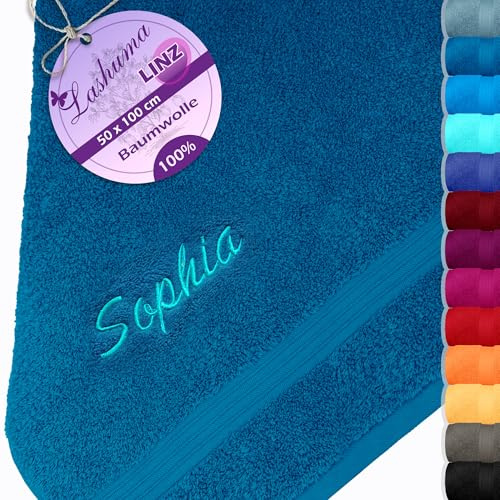 Lashuma Frottee Handtuch Bestickt Blau - Petrol, Linz Frottiertuch 50x100 cm, Fitnesshandtuch Frottee