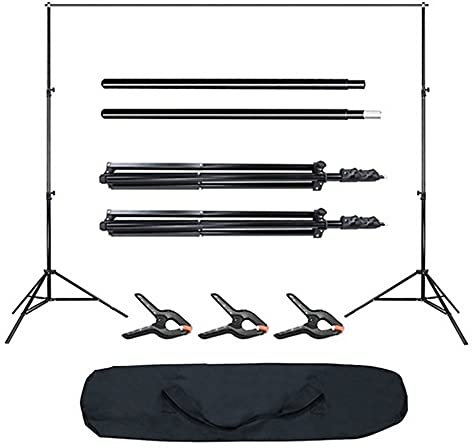 Bonnlo 2 x 3 m Support de Fond Photo, Support Toile de Fond Réglable avec 3 Pinces, Un Sac de Transport et 2 Sacs de Sable, pour Professionnel Fond Studio Photo, Photographie Portrait.