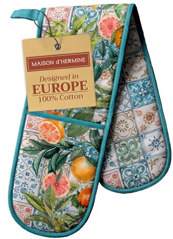 Maison d' Hermine Double Oven Mitts 100% Double Cotton Oven Glove 18 x 89cm | Heat Resistant BBQ Cooking Gloves with Loop Baking Grilling Kitchen Hotel Home Farmhouse Spring Summer - Agrume