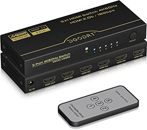 Switch HDMI 5 Entradas 1 Salida, 4K@60Hz Conmutador HDMI Automatico con Alimentación y Mando a Distancia para HDTV DVD Xbox PS3 PS4 BLU-Ray Proyector