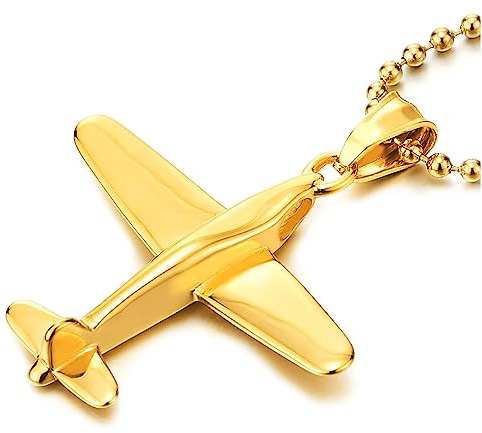 COOLSTEELANDBEYOND Flugzeug Anhänger Halskette Goldfarben Edelstahl Halskette für Herren Damen, 60CM Stahl Kugelkette