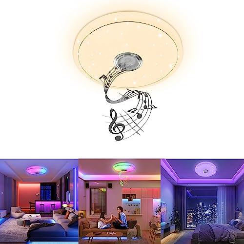 LZQ Deckenlampe LED Deckenleuchte Dimmbar mit Bluetooth Lautsprecher und APP-Steuerung, 48W RGB Sternenhimmel Flach Deckenbeleuchtung mit Fernbedienung für Schlafzimmer Kinderzimmer Wohnzimmer