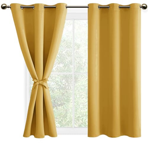 DWCN Blackout Curtains with Tiebacks for Bedroom Thermal Insulated Solid Eyelet Curtains for Living Room,2 Panels,46 Wide x 54 Drop Yellow