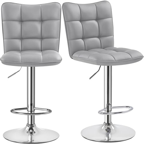 Yaheetech Juego de 2 Taburetes de Bar Taburetes Altos con Respaldo Regulable en Altura y Giratorio 360°, Estructura Metal y Reposapiés, Gris Claro