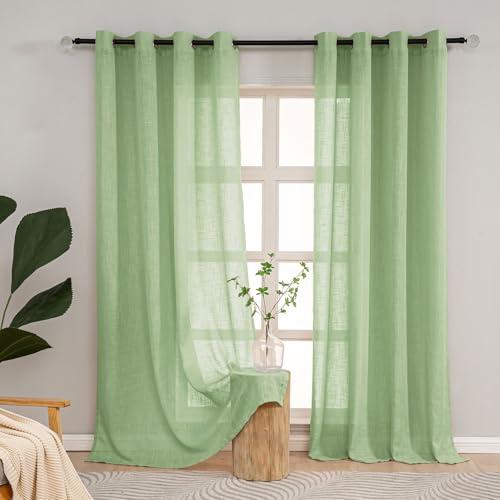 L.Z.E Grüne Gardinen Vorhänge für Wohnzimmer, Halbtransparent Ösen Stores Modern Kurz, Durchscheinend Leinenoptik Fenster Dekoschal 2er Set, 145 cm Hoch (LZE2206SA145)