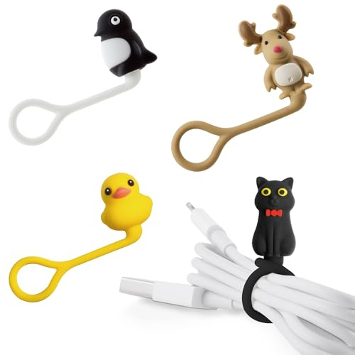 【Bone】 Style Q Cord Ties Multi-Purpose Silicone Reusable Cable Ties, Cute | Reusable & Washable Silicone, Easy-Setup Cable Zip Ties, 4 Fun Characters (Patti Duck - Miao Cat - Mr. Deer - Maru Penguin)