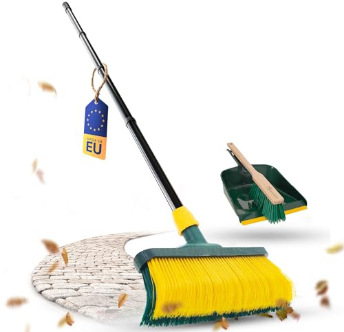 Novaliv Escoba Premium con Mango de 40 cm, Incluye Recogedor para Exteriores, Cepillo Especial de Cerdas Curvas para Jardín, Rascadora de Césped Artificial