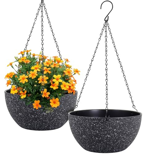 Meowell 30,5 cm große hängende Pflanzgefäße für Innen- und Außenbereich, 2 Stück, hängende Blumentöpfe mit Drainagelöchern und Kette für Gartenveranda, Kunststoff-Hängekörbe für Zimmerpflanzen,