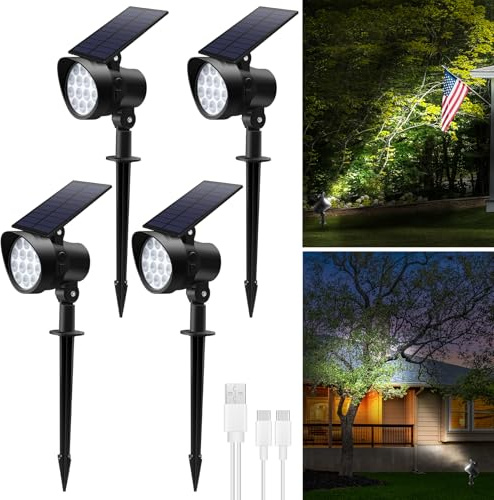 ALUSSO Solarlampen für Außen Garten,3CCT 3000K 4000K 6500K Solar Strahler,Wasserdicht Gartenleuchten,D2D Modi Solarleuchten für Außen Garten, Hof, Gehweg,4 Stück