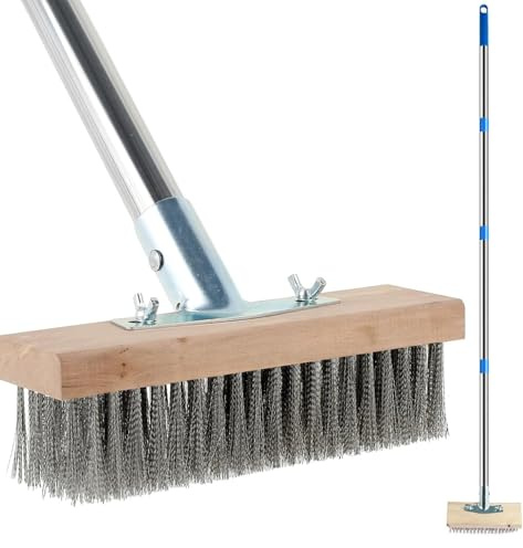 Escoba de alambre de acero inoxidable de 65 pulgadas con mango largo, cepillo de cerdas de metal rígido, poste desmontable de 4 secciones, cepillo para limpiar musgo, algas, malas hierbas