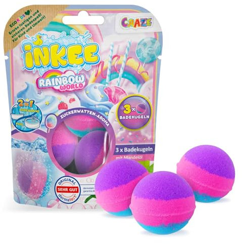 INKEE Pack Color Rainbow World - Confezione da 3 bombe da bagno profumate per bambini, 3 palline da bagno con 3 diversi strati di colore (rosa, viola e blu), aroma di zucchero filato e olio di argan