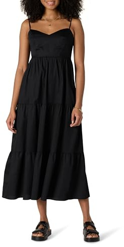 Amazon Essentials Vestido Largo Entallado y Escote Corazón con Vuelo con Capas de Satén de Algodón con Cintura de Corte Imperio Mujer, Negro, M