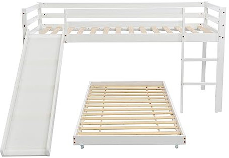 3ft Bunk Bed with Slide and Moveable Bed Frame for Kids Youth and Adults White Color