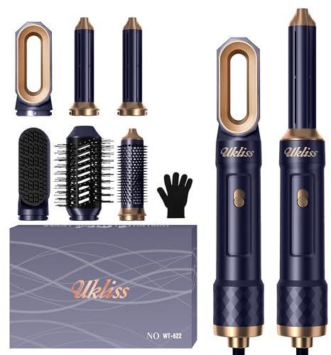 UKLISS Haarstyler 6 in 1, Warmluftbürste Set mit Rundbürstenföhn Airflow Lockenstab Automatisch Thermal Brush Föhn Rundbürste Airstyler für Haare Glätten, Trocknen, Volumen, Locken (Blau)
