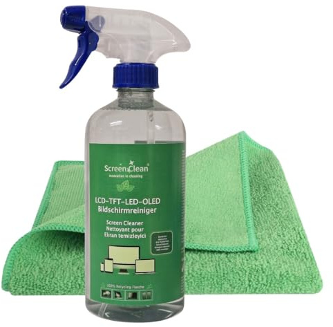 ScreenClean - Bildschirmreiniger Set - 500ml hochwirksamer Premium Bildschirmreiniger für OLED-LCD-TFT-LED Displays -Pumsprayflasche 100% Recycling r-Pet Flaschen + XXL Microfasertuch 40x40cm
