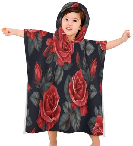 Kinder-Handtuch, Kapuzen-Badetuch für Kleinkinder, schöne rote Rose mit Blumensprinten, saugfähige Baumwolldecke, Badetuch, Strandtuch, saugfähiges Badetuch, Umhang, geeignet für Jungen und Mädchen