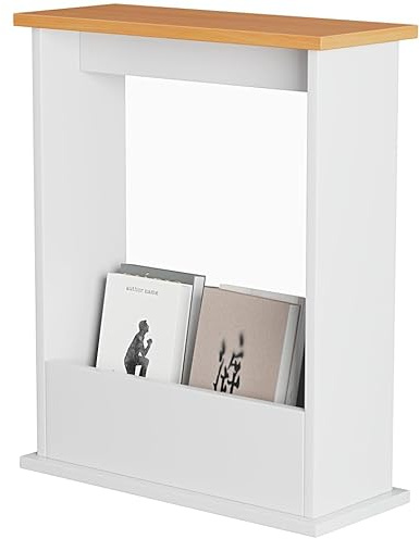 Blisswood Side Table,Slim Side Table With Magazine Rack, Modern Style Small Sofa End Tables For Living Room And Office, Narrow Bedside Tables For Bedroom, Study (55 x 45 x 18 cm, Pine & White)