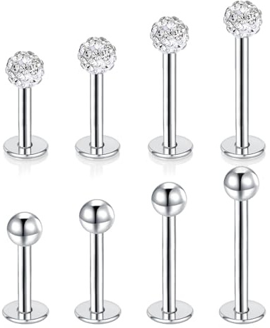 Besyvvin 8pcs labio Barras 16G Labret Studs Acero Inoxidable Plano Volver Helix Tragus Cartílago Stud 6-12mm Plata Piercing Joyería