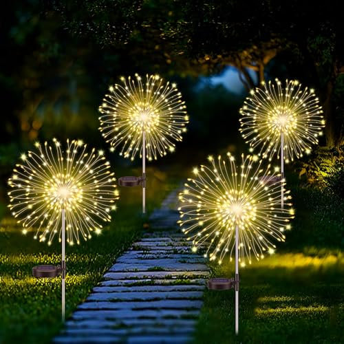 Gartendeko Solar Gartenleuchte Außen, 150 LEDs Feuerwerk Solarleuchten, 8 Modi Wasserdicht Solarlichter Pusteblume, Starburst Lichterkette, für Hinterhof Weg Rasen Terrasse Außen Balkon Deko, 4 Stück