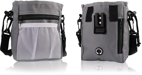 Techchii Dog Treat Pouch, Dog Walking Bag 3 Ways to Wear Portable Treat Bags for Dog Training with Adjustable Waist & Shoulder Belt, Multiple Pockets (Grey)