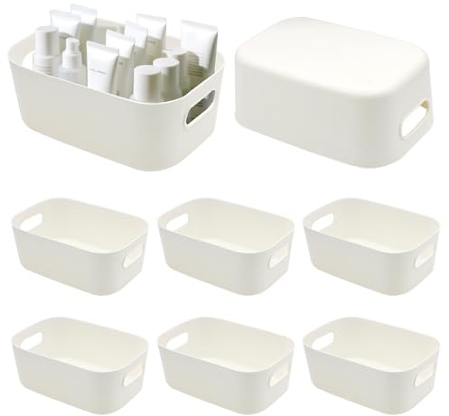 UKONWIT 8 Pcs Plastic Storage Baskets with Handle, White Storage Baskets for Bathroom Kitchen Shelves, 25x16.5x10cm Cupboard Storage Organiser for Home Office