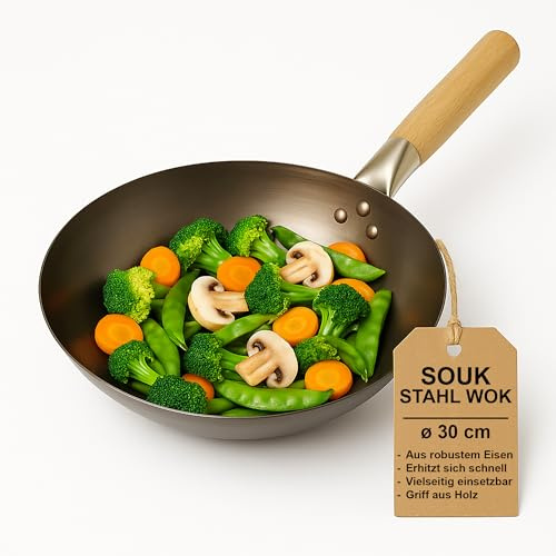 SOUK ONE Insert de wok de 30 cm - En acier robuste - Pour légumes, poissons et viandes - WOK pour une circulation parfaite de la chaleur - Idéal pour les barbecues à gaz et au charbon de bois