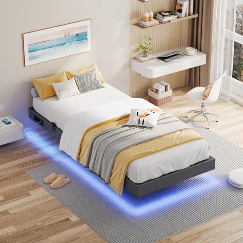 IRONCK Bettgestell 90x200 cm, Schwebender Bett mit LED Beleuchtung, Gepolsterte Seitenwände, 2 AC-Steckdosen, 1 USB-A-Anschluss, 1 USB-C-Anschluss, Metallbett mit Lattenrost Einzelbett, Grau