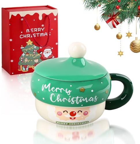 FePen Café de Noël, Tasse de Noël en Céramique Tasse Mug avec couvercle et cuillère, Tasses à Thé en Céramique Père Kawaii a Cafe Tasses pour Cadeau de Noëls (Green B)